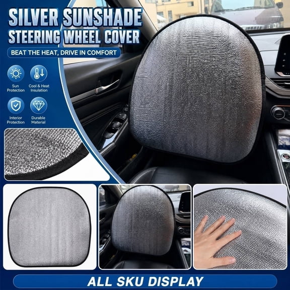 Steering Wheel Sun Shade Protector, Car Steering Wheel Cover, Keep Car Cool in Summer, Cloth Steering Wheel Cover, Steering Wheel Protector, 17X17 Inch Bark Textured Silver Coated