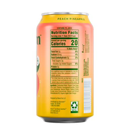 BLOOM NUTRITION POP PREBIOTIC SODA, PEACH PINEAPPLE, 12 FL OZ, CAN