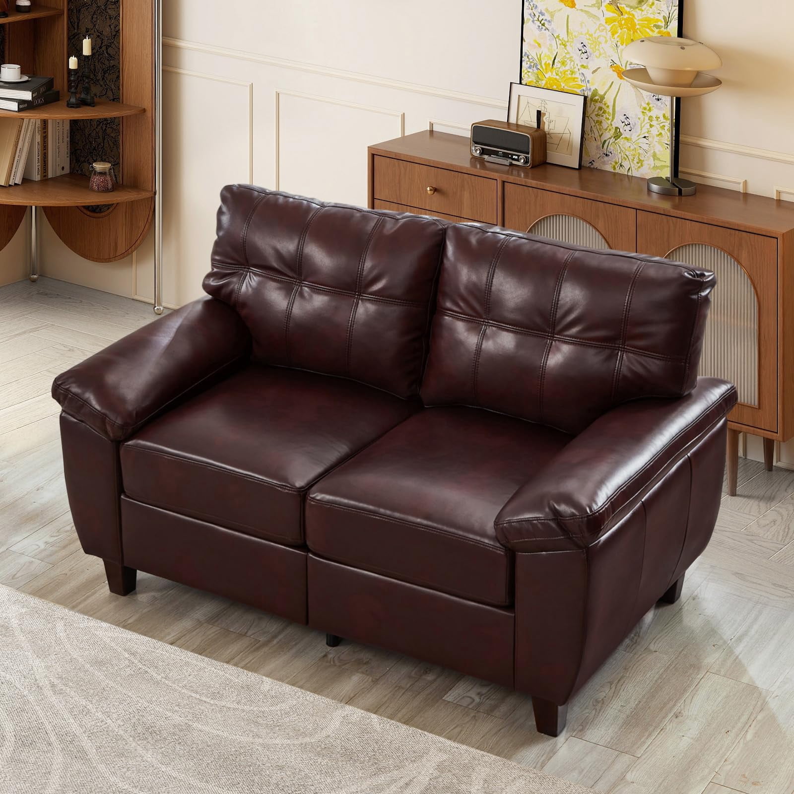 Aukfa 2-Piece PU Leather Sofa Set, Vintage 3-Seater Couch and Loveseat with Storage Space, Upholstered Living Room Furniture Set, Burgundy