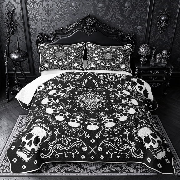 Castle Fairy Boho Gothic Skull Twin Quilt Set,Traditional Floral Twin Coverlet Set,Black Ivory