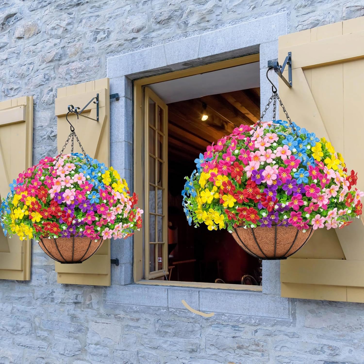 Artificial Hanging Plants Flowers with Basket for Spring Summer Outdoor Decoration, Fake Flowers UV Resistant with Hanging Planter for Front Porch Patio Garden Yard Home Decor, Multicolor