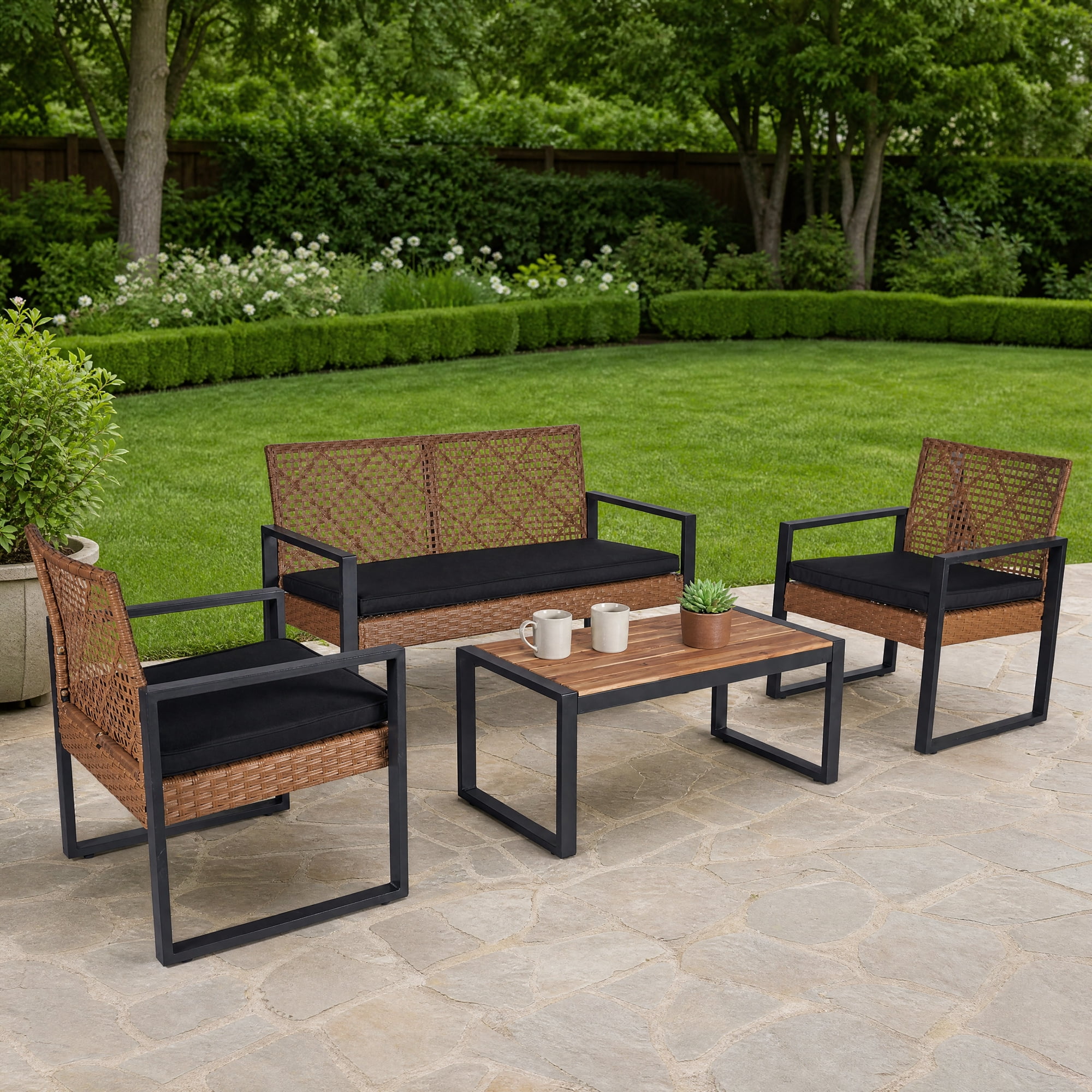 4-Piece PE Rattan Wicker Patio Furniture Set Outdoor Conversation Set with Acacia Wood Table Top Brown Beige Cushions Weather Resistant Outdoor Furniture for Backyard Garden Porch Balcony Lawn