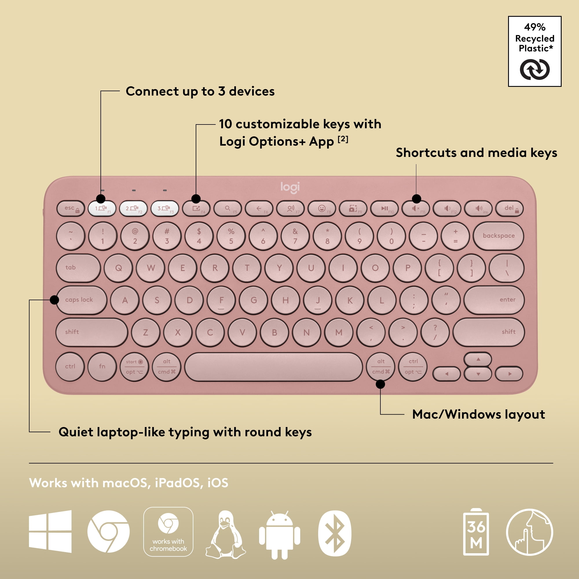 Logitech Pebble Keys 2 K380s, Multi-Device Bluetooth Wireless Keyboard with Customizable Shortcuts, Slim and Portable, Tonal Rose
