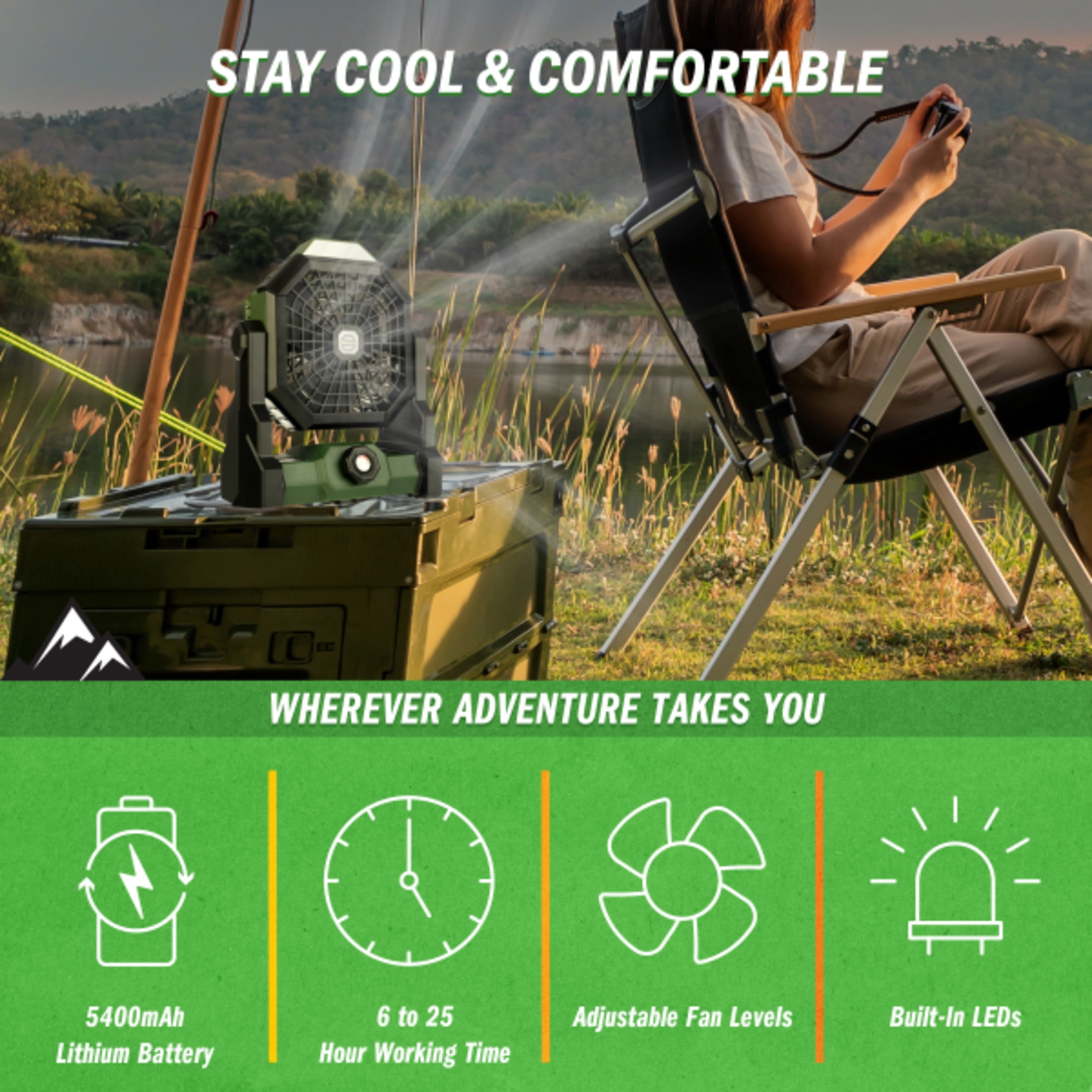 Camping Fan with Tent Light - Rechargeable 5400mAh Lithium Battery Operated Portable Fan - Camping Essentials for Tenting by Wakeman Outdoors (Green)