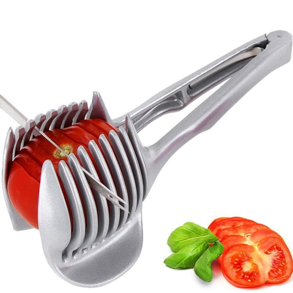 Stainless Steel Tomato Lemon Slicer Holder Round Fruits Onion Shreader Cutter Guide Tongs with Handle for Kitchen