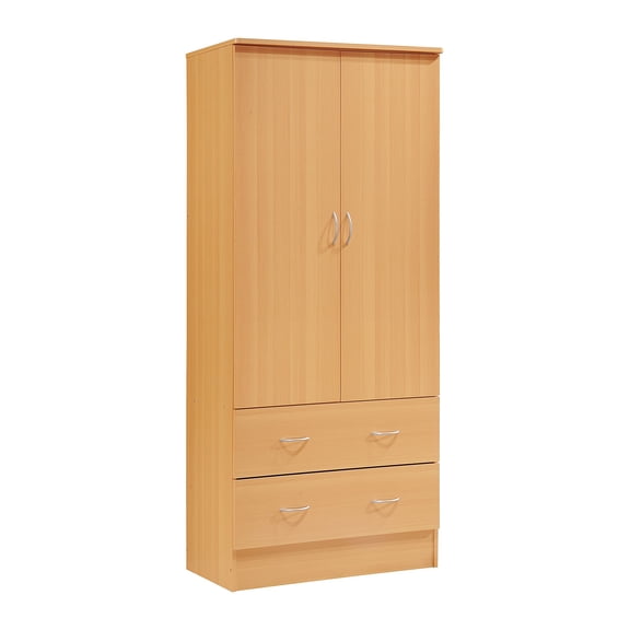 Beech Two-Door Wood Wardrobe With Hanging Rod And Two Drawers For Bedroom Storage