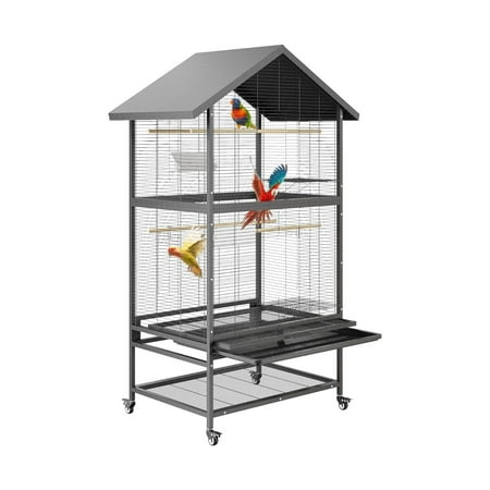 65.7 Inch Large Double BridCage, Metal Bird Fight Cage with Wheels, 4 Perches, 4 Feed Bowls, Storage Shelves for Parakeet Conure, Cockatoo