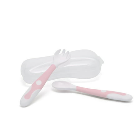 Baby Fork & Spoon Set Curved Utensil Training Self-feeding Easy Grip Bendable Handle With Travel Case Kids Tableware Flatware