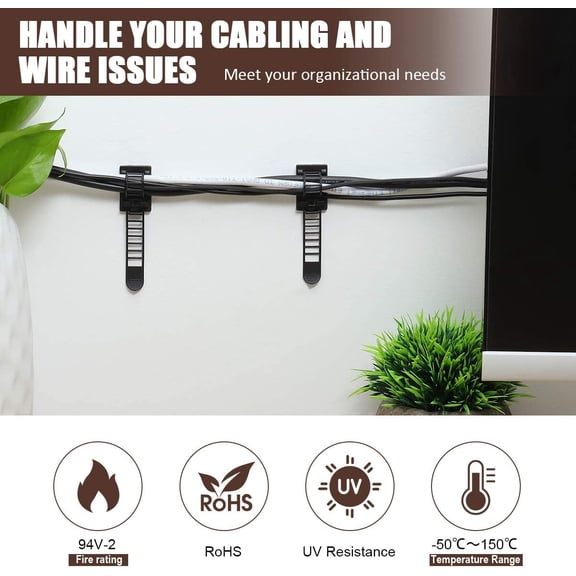 UYWGF-100Pcs Adhesive Cable Management Clips with 50Pcs Zip Ties, Adjustable Nylon Cable Strap Ties Wire Clips Clamps Organizer with Strong Adhesive Tape, Extra Screw & Hole - 3.55 Inch Black