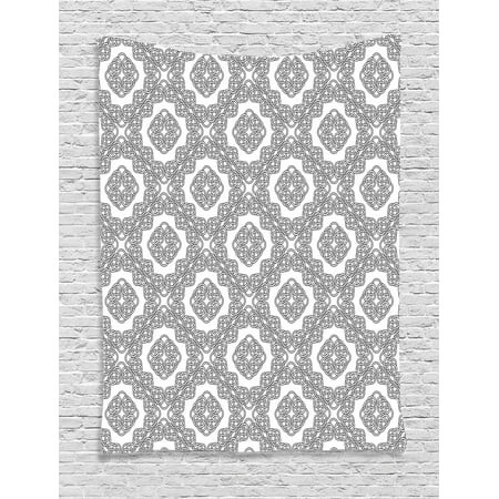 Celtic Tapestry, Vintage Geometric Diagonal Symmetrical Binding Celtic Knots Motifs Illustration, Wall Hanging for Bedroom Living Room Dorm Decor, Black White, by