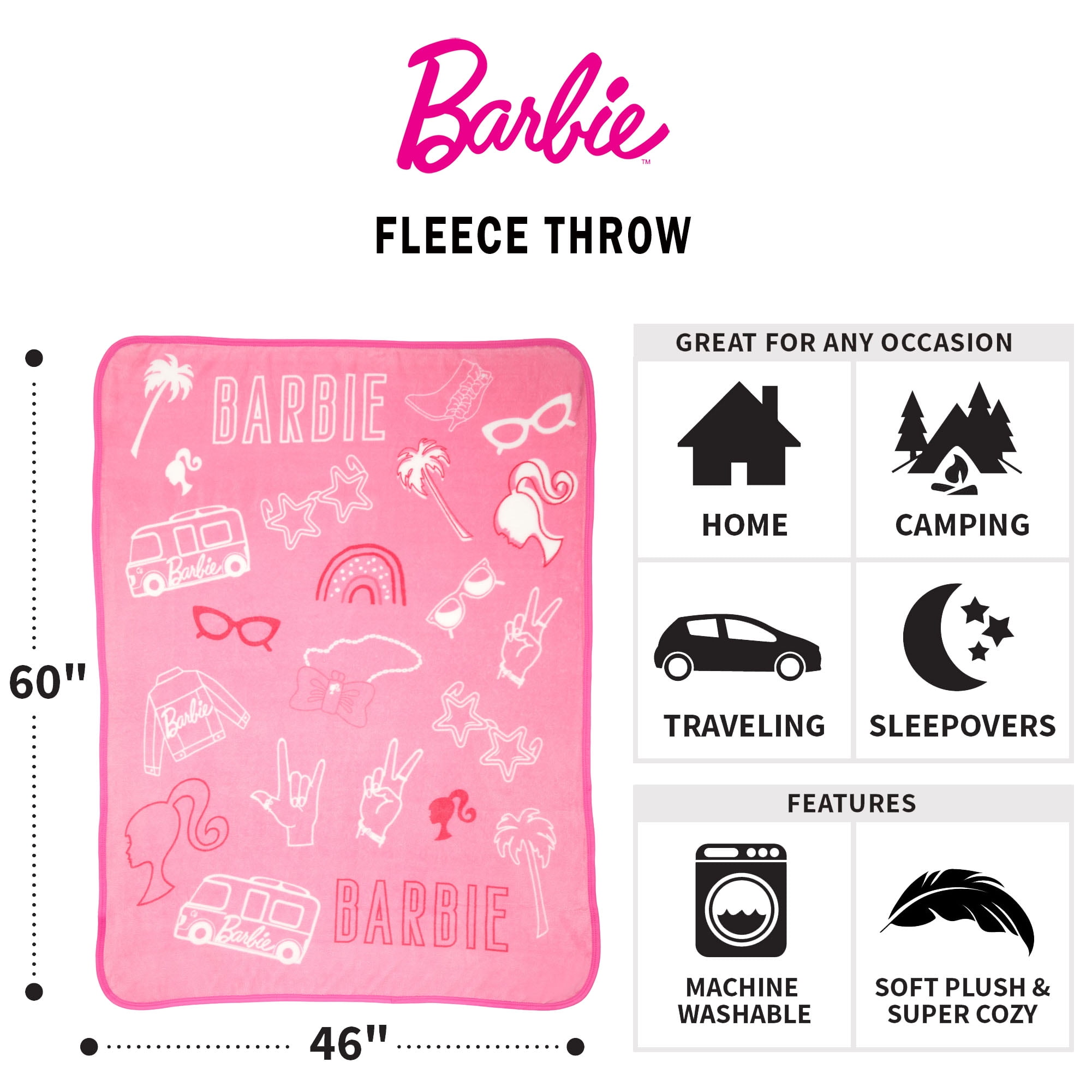 Barbie Kids Fleece Throw Blanket 46 x60 Pink Mattel