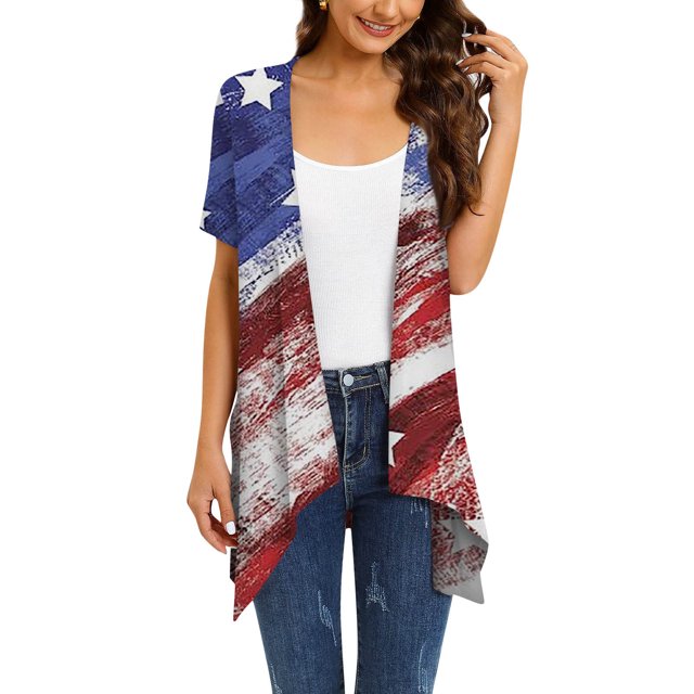 Lenago Summer Plus Size Summer Tops for Women Casual Printed Short Sleeve Cardigans Drape Open Front Lightweight Summer High Low Hem Tops 4th of July Outfits for Women