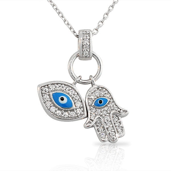 My Daily Styles - 925 Sterling Silver Womens Evil Eye Hamsa Blue White CZ Pendant Necklace 