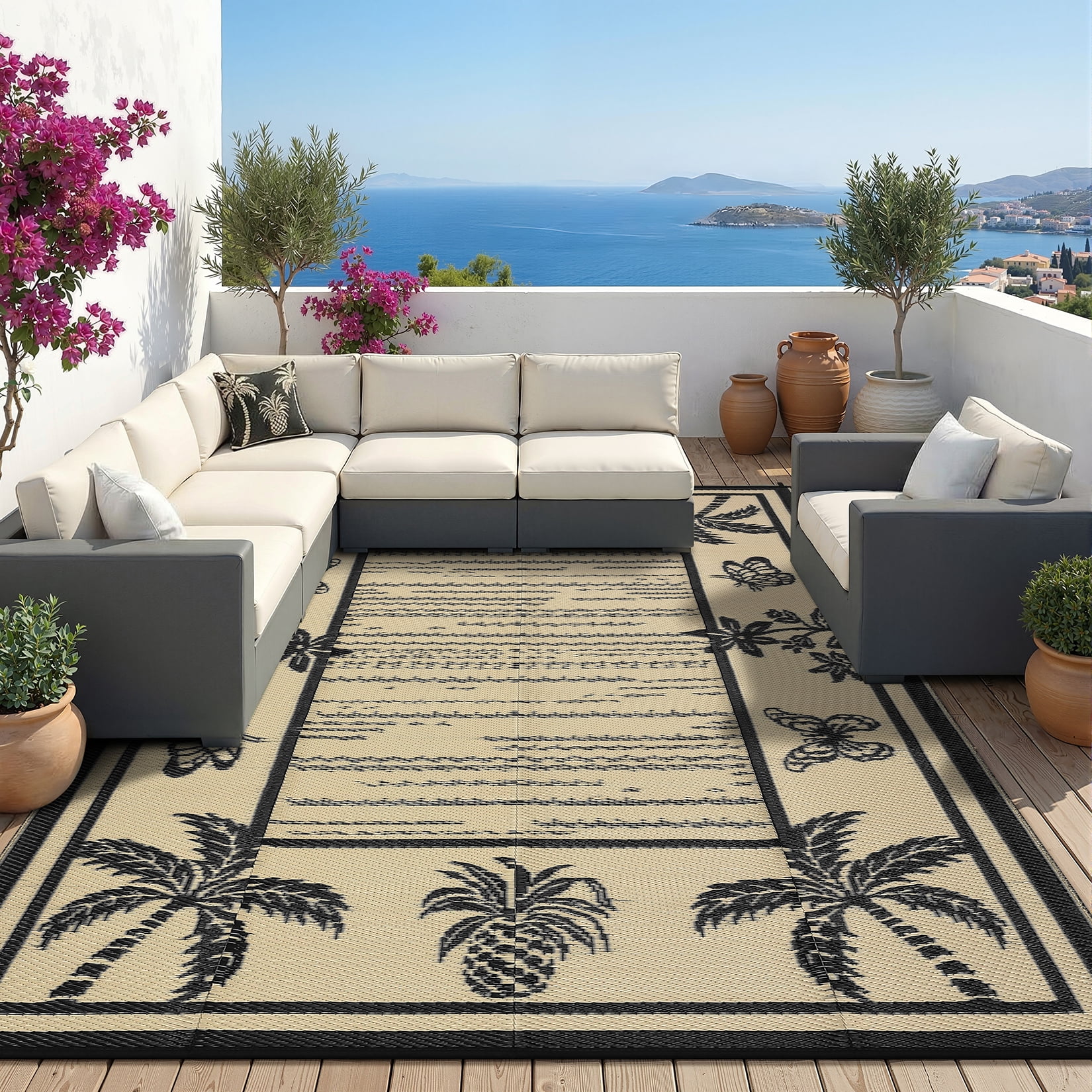 HIWEAVER Black/Brown 8'x 10' Outdoor Rug Garden Decor Floral Bordered Carpet Plastic Straw Waterproof Reversible Patio Area Rug for Balcony Deck Picnic Portable Camping Mat