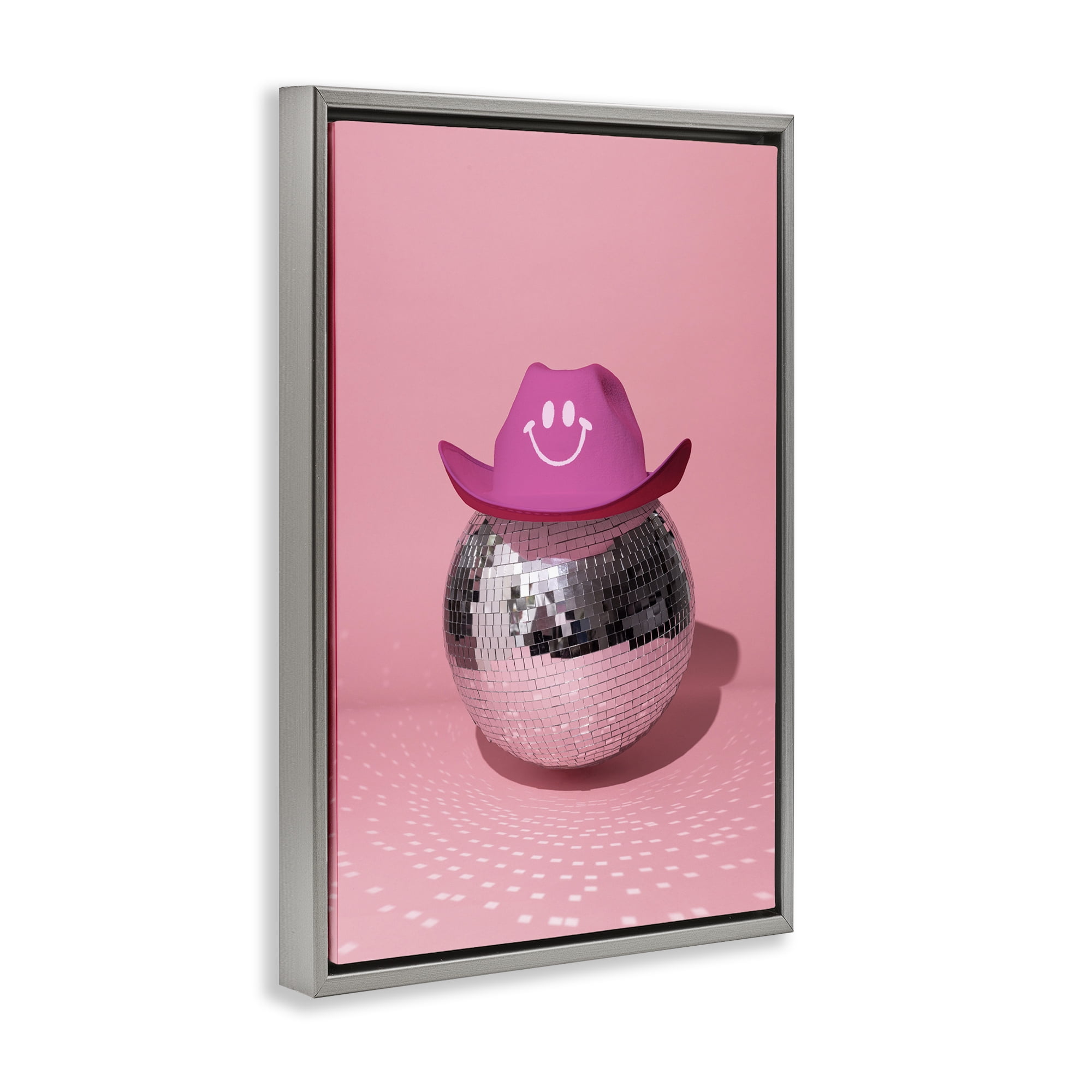 Stupell Industries Disco Ball with Cowboy Hat Performing Arts Painting Gray Floater Framed Art Print Wall Art, 17 x 25