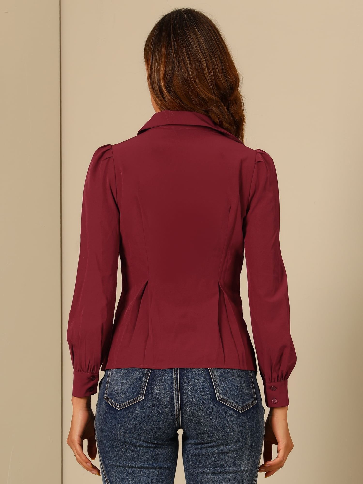 DARING DIVA Women's Long Sleeve Button-Up Office Ruffle Blouses L Burgundy