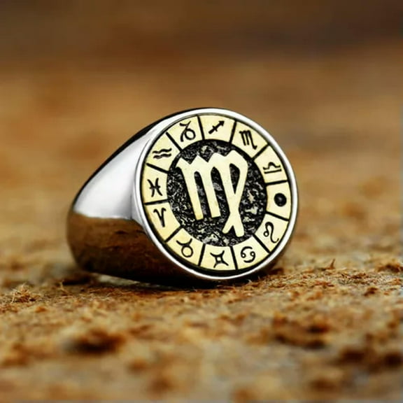 HOOUN Vintage VIRGO Star Sign Symbol Ring Stainless Steel Men Women Virgo Ring Gifts-13-Silver-gold
