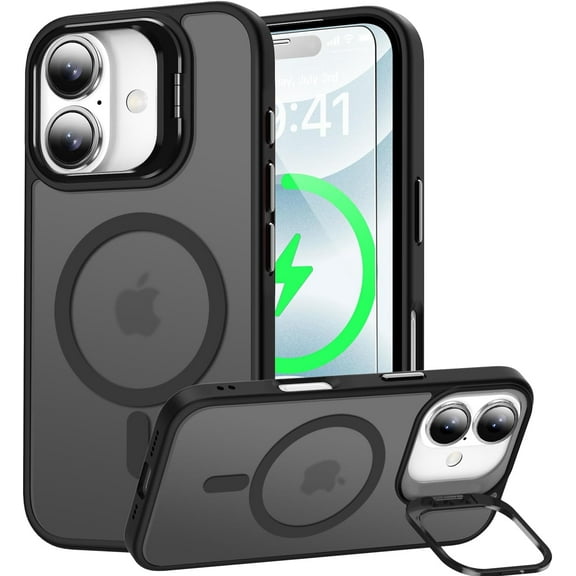 Magnetic for iPhone 16 Case, Built-in Camera Kickstand, Compatible with Magsafe Wireless Charging, Translucent Matte Protective Cover -Black