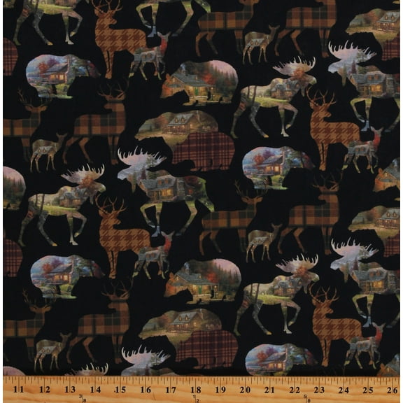 Cotton Scenic Woodland Animals Bears Deer Moose Northwoods Multi-Color Silhouettes on Black Thomas Kinkade Cozy Cabin Cotton Fabric Print by the Yard (13028-12)