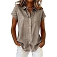 thumbnail image 2 of Gamivast Women's Striped Shirt Linen Button Down Short Sleeve Casual Blouse Loose Fit Collared Work Top Summer Fashion Shirt for Office Vacation Brown XXL, 2 of 6