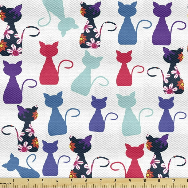 Cat Print Upholstery Fabric by the Yard, Animals in Vivid Colors