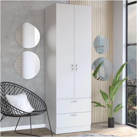 JERFIT Modern White Armoire Wardrobe with Doors, 2 Drawers & Hanging Rod for Bedroom Closet Organization Storage Cabinet
