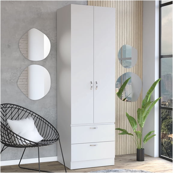 JERFIT Modern White Armoire Wardrobe with Doors, 2 Drawers & Hanging Rod for Bedroom Closet Organization Storage Cabinet