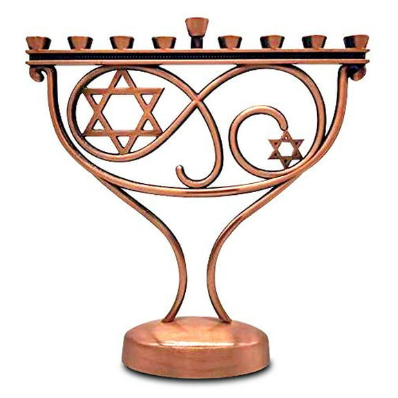Ner Mitzvah, 8.5" Traditional Copper Plated Candle Hannukah Menorah - Whimsical Design