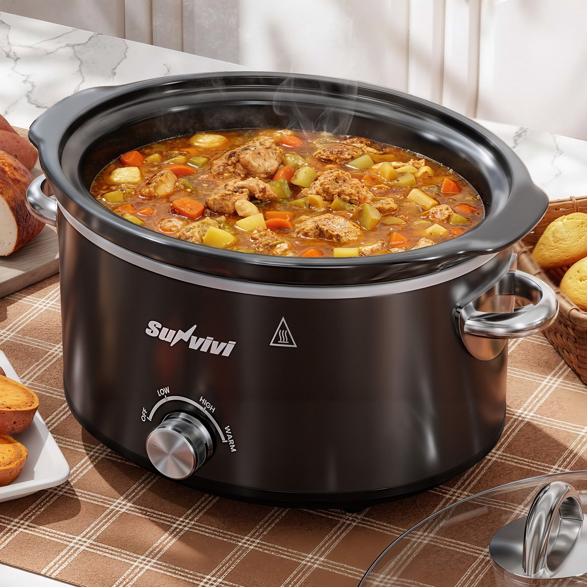 SUNVIVI Small Slow Cooker 4QT, Mini Food Warmer with 3 Heating Settings, Removable Ceramic Pot, Dishwasher Safe Glass Lid, Stainless Steel