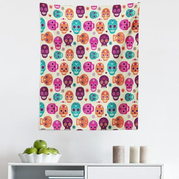 Sugar Skull Tapestry, Colorful Skull Silhouettes Hearts and Flowers Carnival Celebration Theme, Fabric Wall Hanging Decor for Bedroom Living Room Dorm, 5 Sizes, Multicolor, by Ambesonne