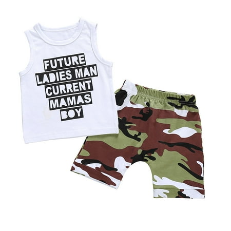

Zlekejiko Baby Boy Kid Letter Printed Vest Tops+Camouflage Shorts Outfits Set