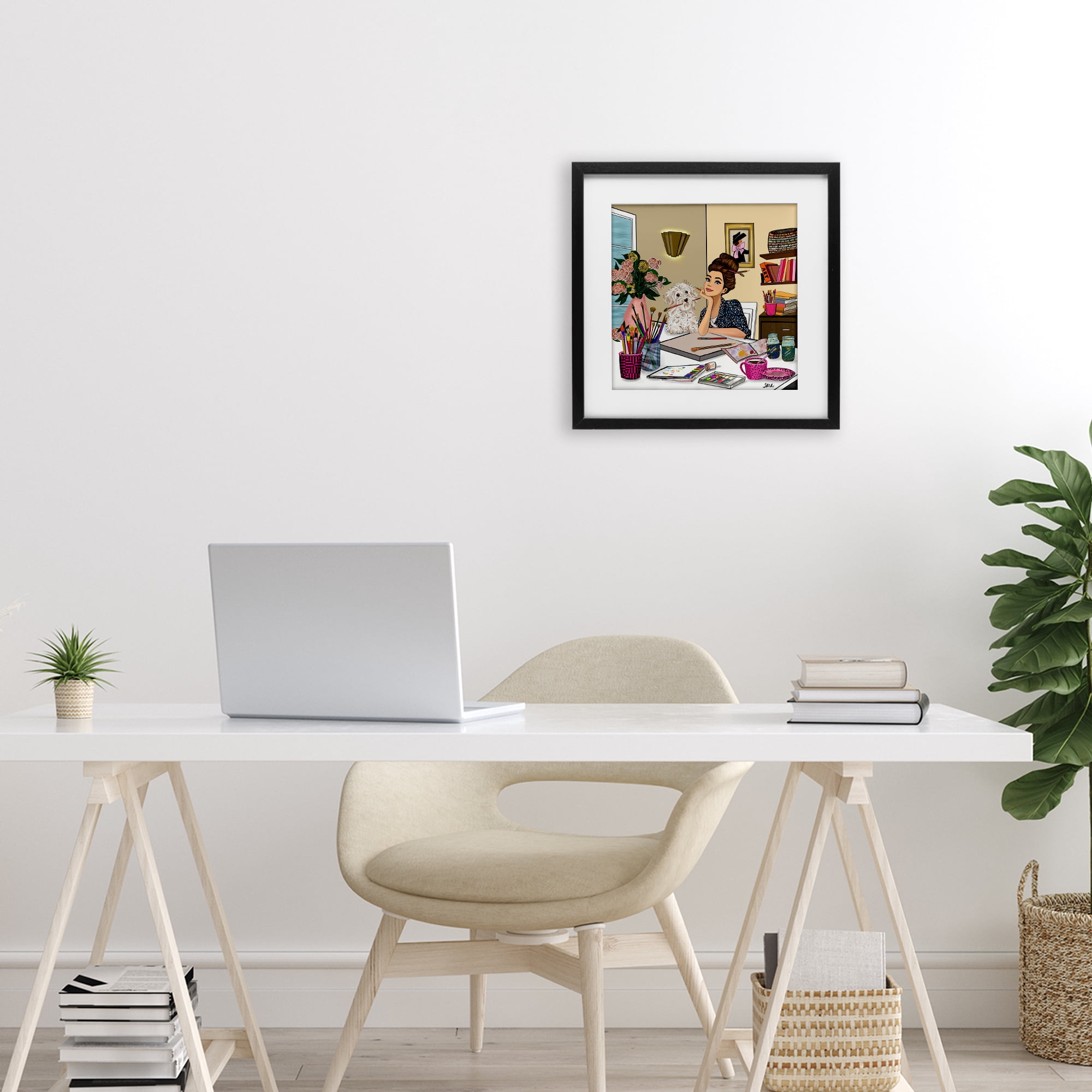 Stupell Industries Creative Art Girl at Desk Black Framed Print Under Glass, design by Tara Boone