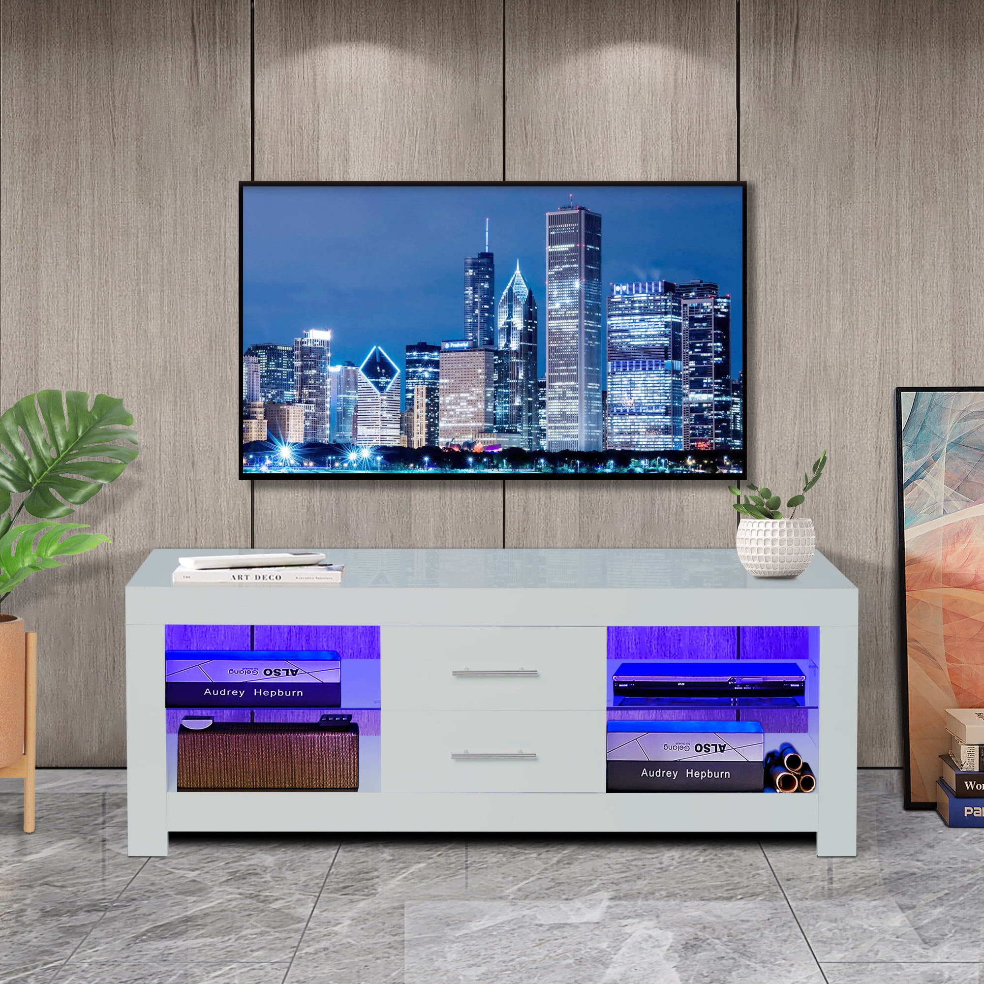 HUNLUYEN 63inch WHITE modern TV Stand with LED Lights,high glossy front