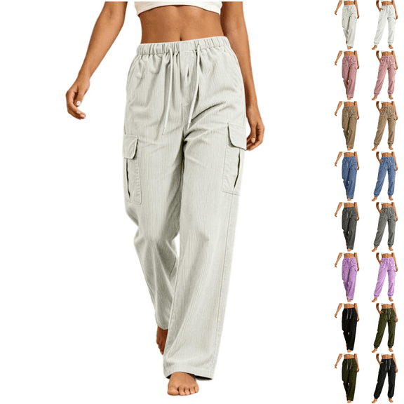 SeekIslan Womens Corduroy Cargo Pants Drawstring Waist Baggy Fit with Pockets for Casual Lounge Wear