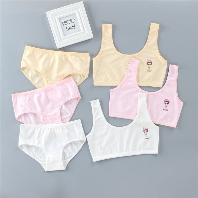 2Pcs/lot Teen Girl Sports Bra Kids Top Camisole Underwear Panties Young Puberty Small Training Bra for 8-16yearsBeige13 He Qiyong unisex