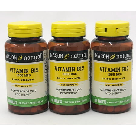 Pack of 3 Mason Natural Vitamin B-12 1000mcg Sublingual Tablets - 100 (Best Form Of B12)