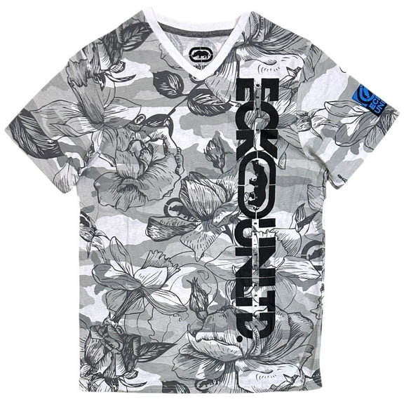Ecko Unltd Men's V-Neck T-Shirt Hawaiian Tropical Floral Short Sleeve Tee (Small, White Camo)