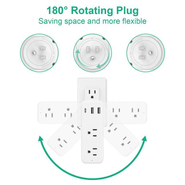 PEACNNG Rallonge d'Alimentation Murale USB avec 2 ports USB, 1 port de Charge Type‐C et 6 Prises CA. Comprend une Prise Rotative à 180 Degrés pour un Positionnement flexible et une protection contre les Surtensions. Idéale pour Charger des iPhone, iPads et Autres Appareils.