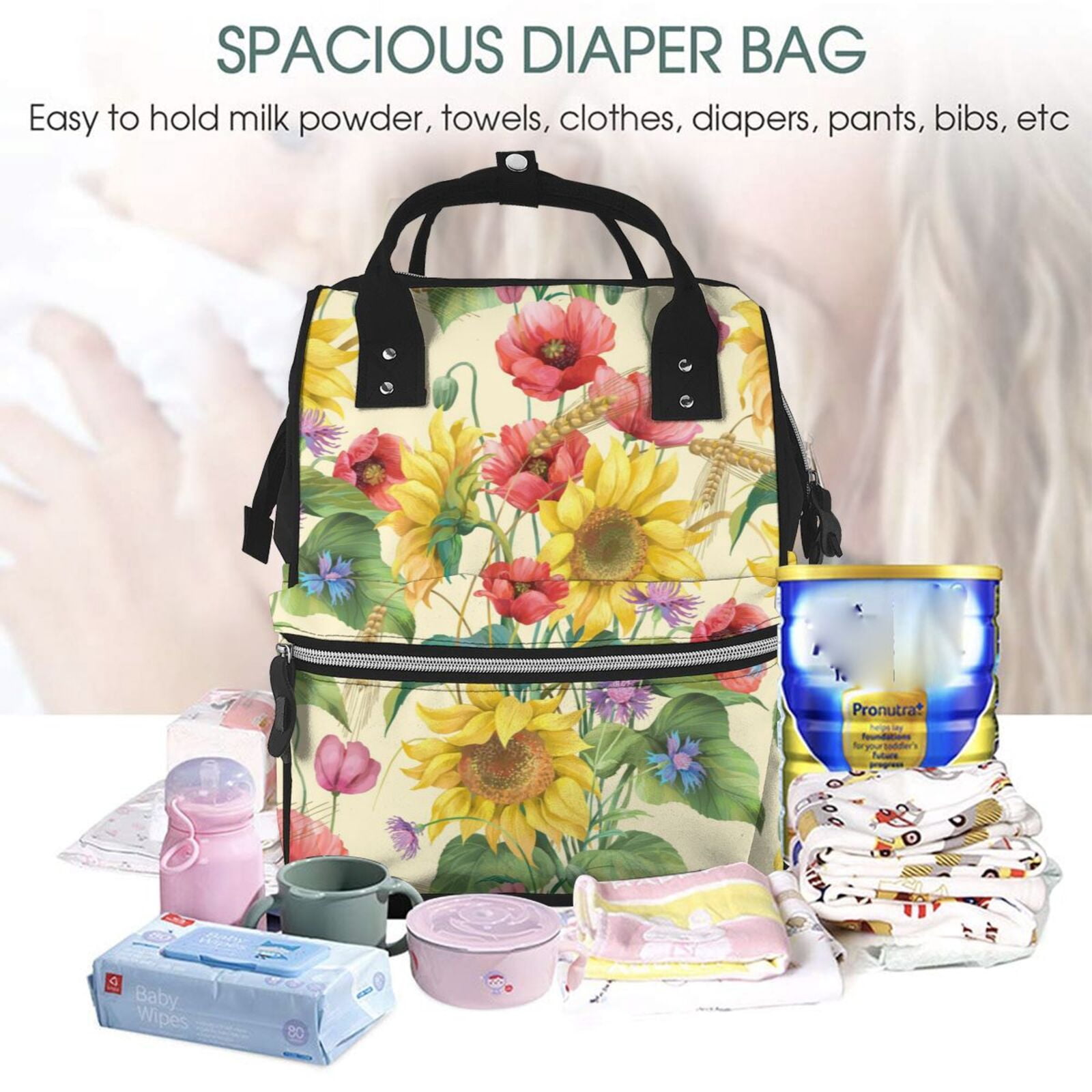 Fuzoiu Sunflower Cornflower Poppy Print Diaper Bag Backpack,Baby Essentials Travel Tote,Multi function Waterproof Diaper Bag, Travel Essentials Baby Bag - Unisex