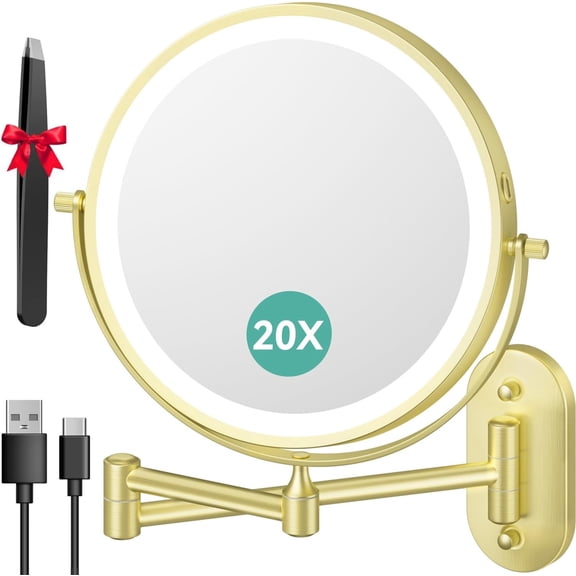 Auxmir 1X/20X Wall Mounted Makeup Mirror with Light, 8" Rechargeable Double-Sided Magnifying Mirror, Vanity Mirror Dimmable 3 Color Light, 360° Extension Rotation Foldable 14.5 Inch Arm for Bathroom