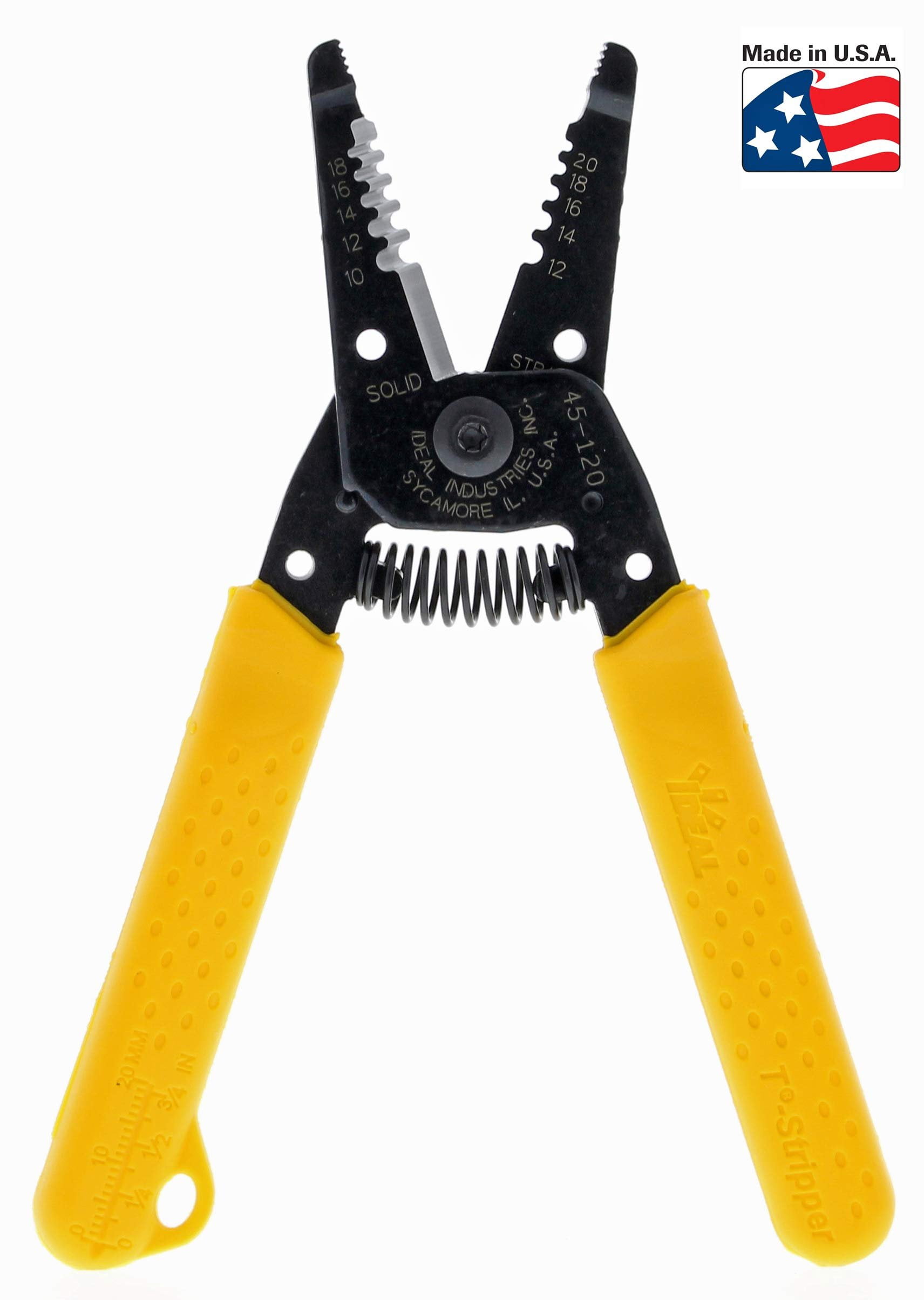 IDEAL Electrical 45-120 T-5 T-Stripper - 10-20 AWG, Yellow Wire Stripper with Looping Holes, Plier Nose, Spring Loaded Automatic Opening,Black