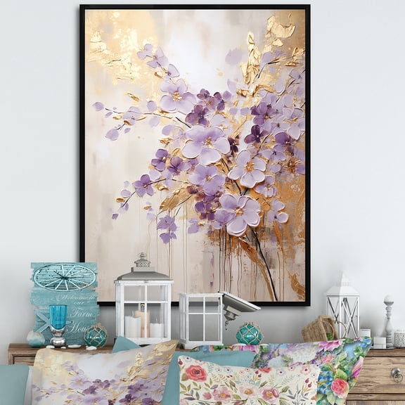 Designart "Meadow of Violets in Purple and Gold IV" Violets Floater Framed Wall Art Living Room