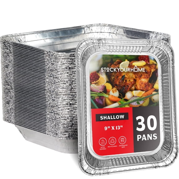 (30 Pack) Disposable Aluminum Pans 9x13 Shallow, Heavy Duty 1.75" Deep Foil Pans, Baking Tins, 13x9 Baking Pan for Cooking and Serving Cookies, Brownies, Sheet Cake, Cookie Sheets, Holiday Meal Prep