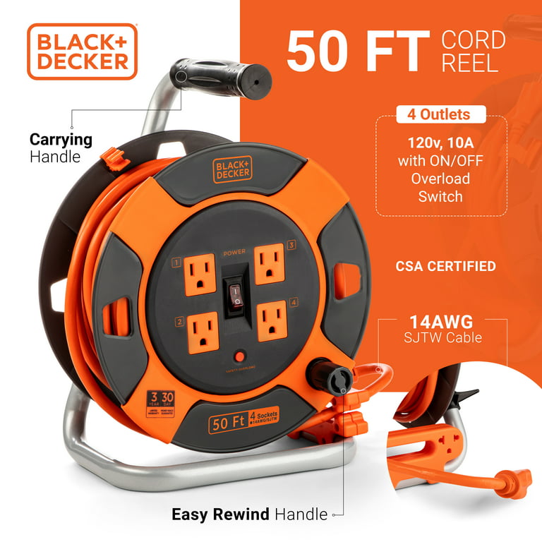BLACK+DECKER Retractable Extension Cord, 50 ft with 4 Outlets - 14AWG SJTW  Cable - Outdoor Power Cord Reel