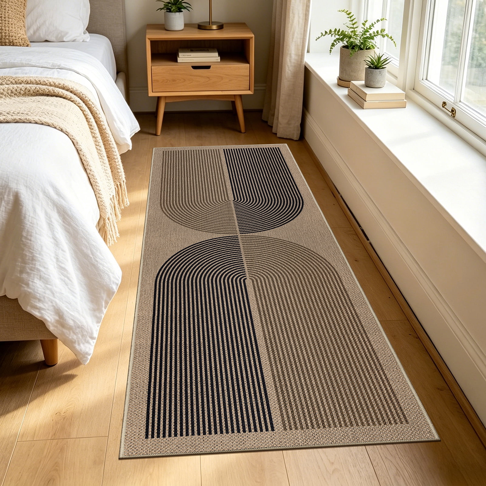 ORGOWEL Easy Jute Kitchen Rug Set of 3 Boho Modern Non-Slip Washable Floor Mat Carpet for Kitchen Sink Laundry Room Hallway, Black & Brown