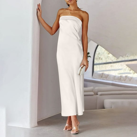 Aloohaidyvio Dresses for Women Womens Summer Strapless Satin Tube Bodycon Backless Wedding Guest Maxi Dress