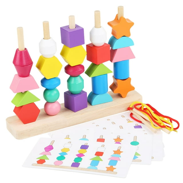 Wooden Lacing Beads Toy Set With Storage Box Shape Sorting Threading Game Preschool Learning Toy For 2 3 4 Year Olds