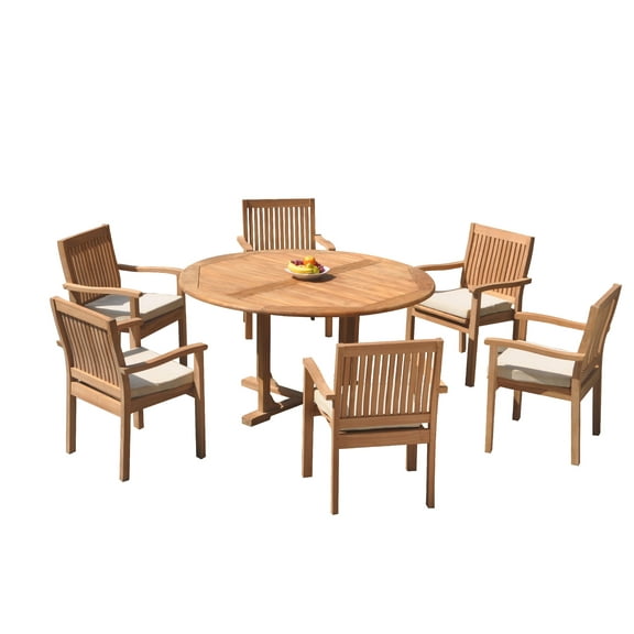 Grade-A Teak Dining Set: 6 Seater 7 Pc: 60" Round Table And 6 Leveb Stacking Arm Chairs Outdoor Patio WholesaleTeak #51LV1207