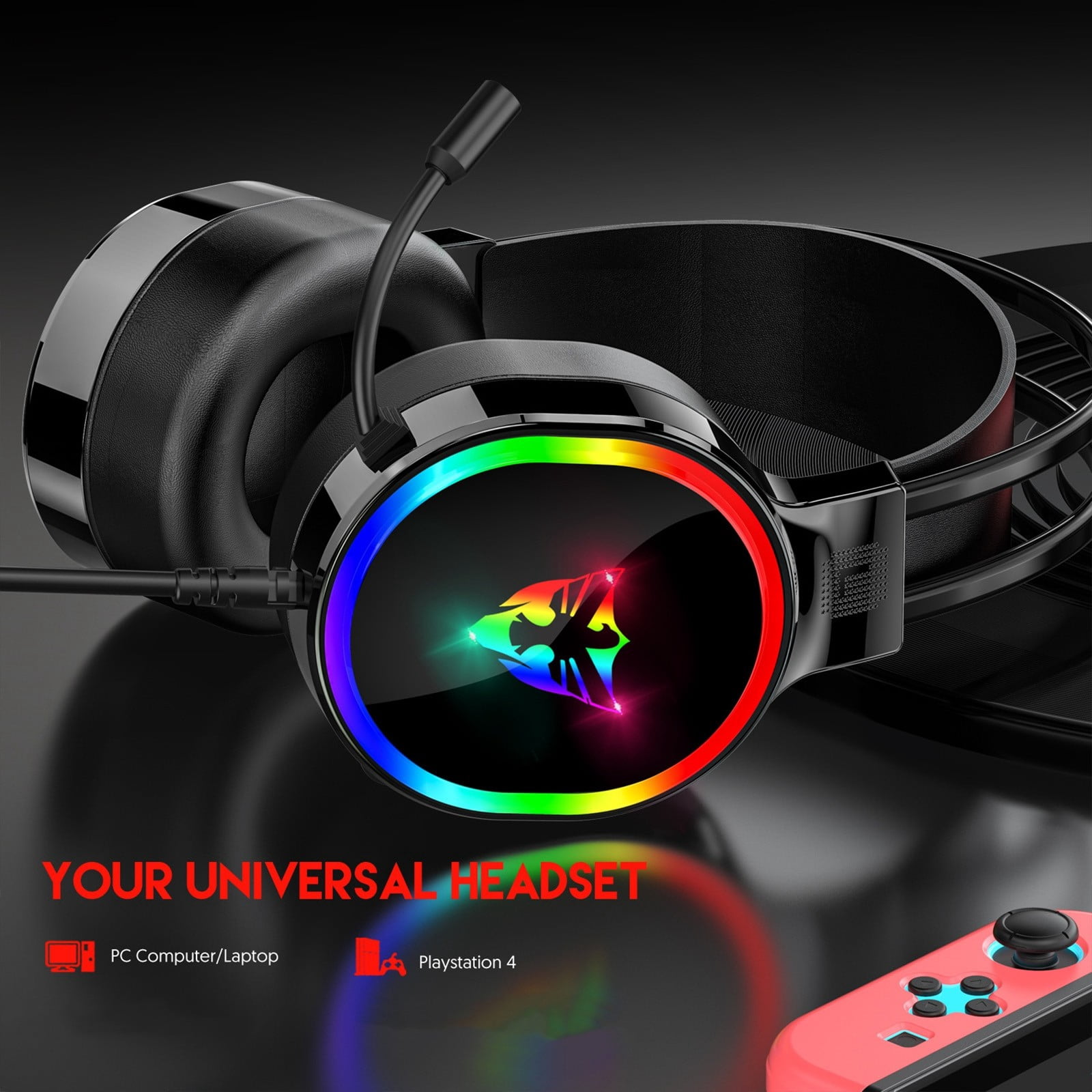 Rgb Gaming Headset With Mic Over-Ear Headphones Surround Sound Game Movie Headphones Black Free Size