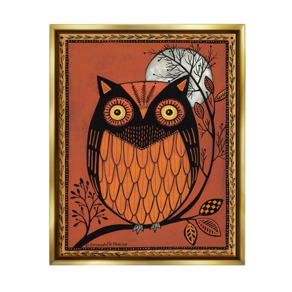 Round Owl Autumn Botanical Border Holiday Graphic Art Metallic Gold Framed Art Print Wall Art